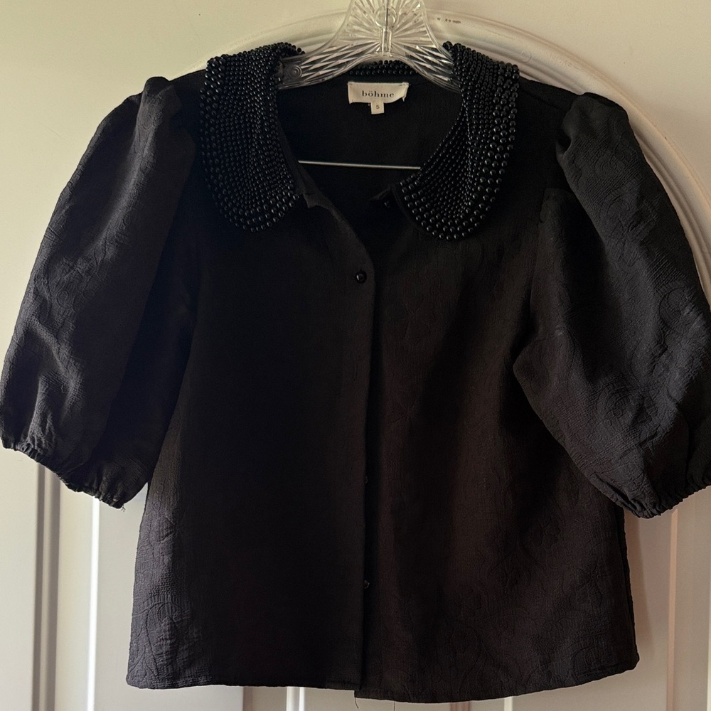 Bohme Black Puff Sleeve Blouse with Beaded Collar